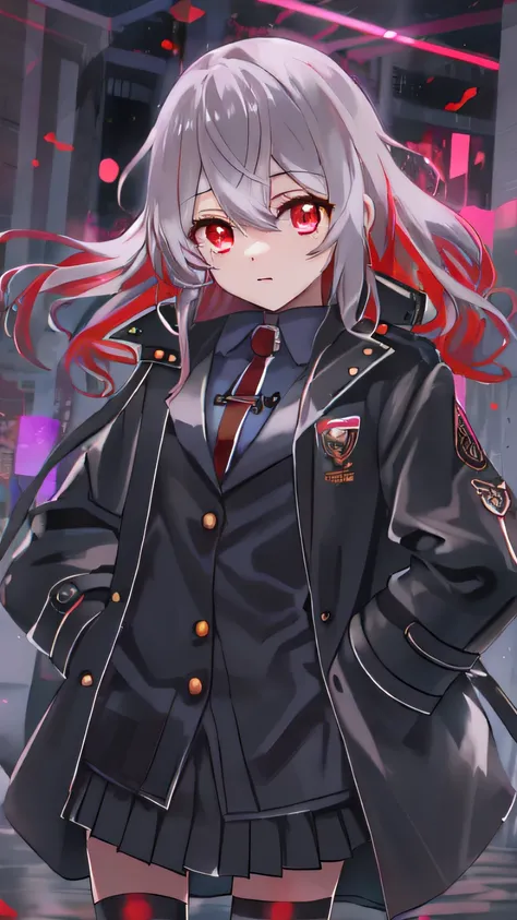 Anime shoujo，tmasterpiece，solo person，Black trench coat，Black knee-length socks，Red glowing eyes，whaite hair，flatchest，with hands behind her back，high - tech