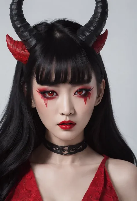 Demon asian woman with horns, black make-up, perfect body, sensual pose, ultra detailed, masterpiece, long black hair, red eye, white background