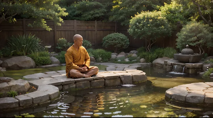 A wise Buddhist monk sits in deep meditation, surrounded by the tranquil beauty of a Zen garden. The monks eyes are closed, and the garden is bathed in soft golden light, highlighting the harmony of the scene. The ripples on the waters surface add a sense ...