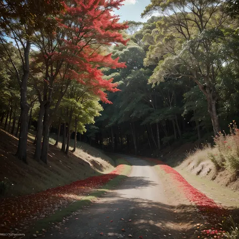 Uma floresta realista, with red trees, com flora vermelha, mostrando um caminho, muitas flores, muitas plantas, paisagem bonita, paisagem realista, 8k, Full HD, ultra realista.