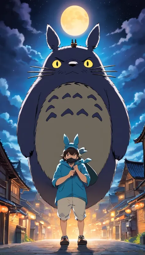 Totoro, Japan Ninja，Black gear , Holding an oversized shuriken in his hand，masked，In town，nigth，themoon，No Man