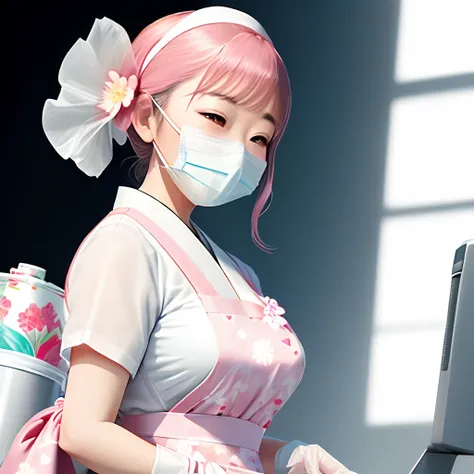 Illustration of a Japan female dental hygienist wearing a white dress with a pink floral apron, mask and rubber gloves