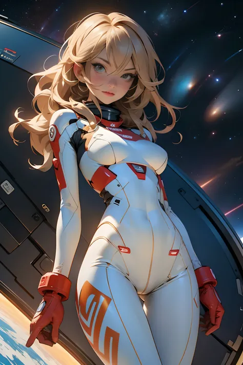 sandy hair fit body large breasts slender thighs slender waist pilot suit solo looking at viewer in space long hair blushing determination, 8k, extreme detail,