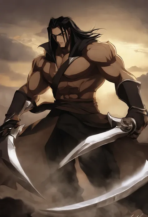 Genere uma imagem de um personagem masculino chamado Scar, inspirado no Fullmetal Alchemist. Scar is a homunculus with black hair, brown eyes and a symbol-shaped scar that covers almost the entire face. He is gifted with the ability to manipulate metals wi...