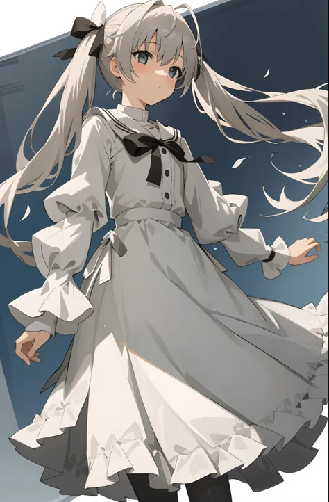 （Masterpiece，best qualtiy，A high resolution：1.5），1girl，high school senior，white skinned，Gray-black pupils，twintails，lacepantyhose，shift dresses，Delicate face，School Background，The light is bright，Sora Kasugano，Animated illustration style，pixiv popular