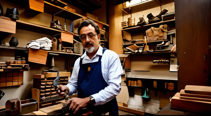 A craftsman repairing shoes with a hammer in a workshop