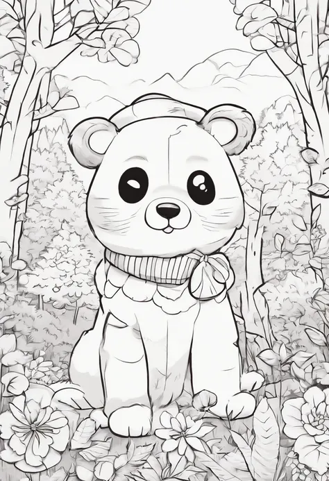 dibujo en blanco y negro para colorear, oso en el bosque