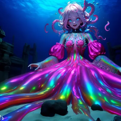 A giant girl on the ocean floor. Her dress is mainly pink, with seven colors of luster. Her dress is psychedelic colors. Shiny like an oil film. Her eyes shine mysteriously. Laugh invincibly. Tentacles. Darkness. Ruins on the ocean floor.