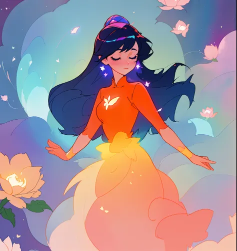 beautiful girl in puffy ballgown, princess, whimsical circular watercolor background, long dark hair, watercolor illustration, inspired by Glen Keane, inspired by Lois van Baarle, disney art style, by Lois van Baarle, glowing aura around her, by Glen Keane...