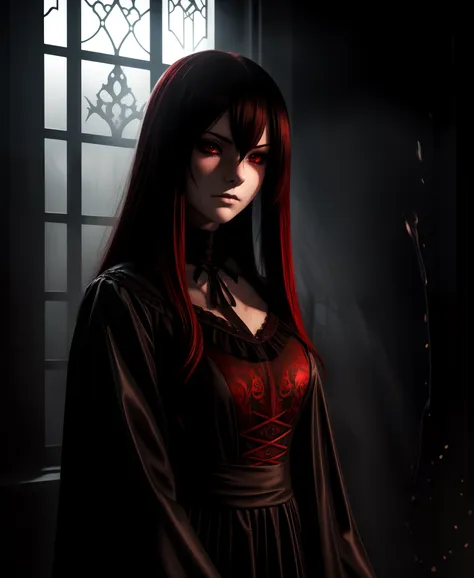 portrait of a beautiful anime girl wearing a gothic dress, in a dark and moody atmosphere filled with white mist, indoor dimligh...