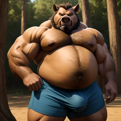 Alone, Male, BOAR, Musclegut, big belly, Chubby, Big buttocks, Big nipples,shorts,pecs,large bulge, Male mature, old,angry, Furry.