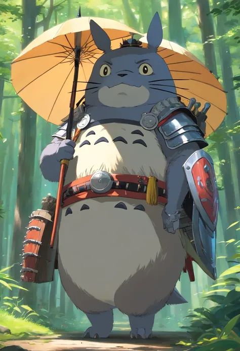 Totoro, Western samurai equipment，The whole body is covered in armor , Shield in hand，Wears samurai armor on his head，uni，No Man，No one appears