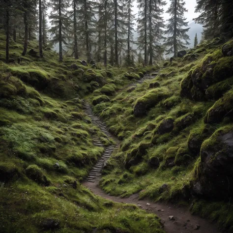 "Alright, the hills it is!" you say, and start following Atreus up the winding dirt path. The trail slopes gradually uphill, the trees thinning out to reveal craggy boulders and moss-covered walls of stone. Atreus nose stays close to the ground, picking up...