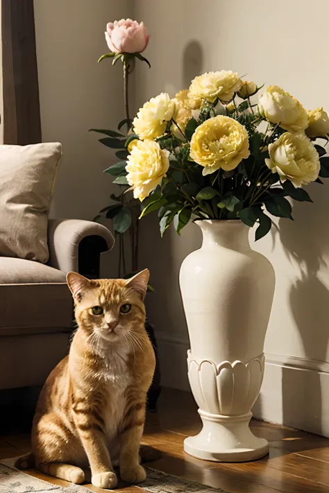 yellow cat sit next to the peonies vase