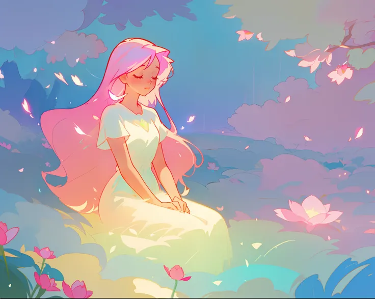 beautiful girl in white dress, fairy dress, beautiful girl sitting in a field with pink red flowers, glowing lights, whimsical landscape, long pink flowing hair, watercolor illustration, inspired by Glen Keane, inspired by Lois van Baarle, disney art style...