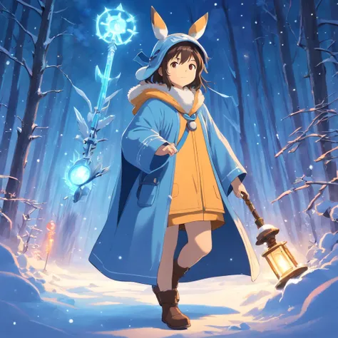 Totoro, Mage robes , Covered in gear and accessories，Staff in hand，Wearing a wizard hat，snowfield，Cast magic，Spell Surrounding，No Man，No one appears