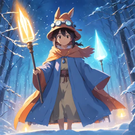 Totoro, Mage robes , Covered in gear and accessories，Staff in hand，Wearing a wizard hat，snowfield，Cast magic，Spell Surrounding，No Man，No one appears