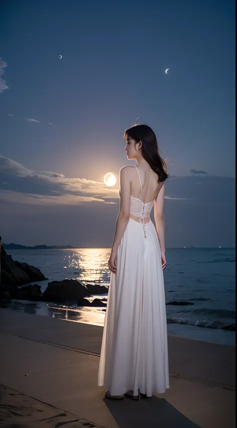 1girl, 20 years old，back view, (moonlight:1.3), (seaside:1.4), romantic atmosphere, beautiful night scene, full body, medium shot