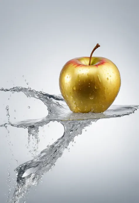 A golden apple with drops of water falling on it, cinemactic, fotografia profissional, studio illumination, studio background, advertising photography, detalhes intrincados, hiper-detalhado, ultra realista, 8K UHD