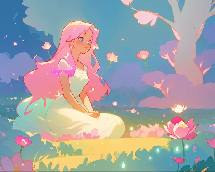 beautiful girl in white dress, fairy dress, beautiful girl sitting in a field with pink red flowers, glowing lights, whimsical landscape, long pink flowing hair, watercolor illustration, inspired by Glen Keane, inspired by Lois van Baarle, disney art style...