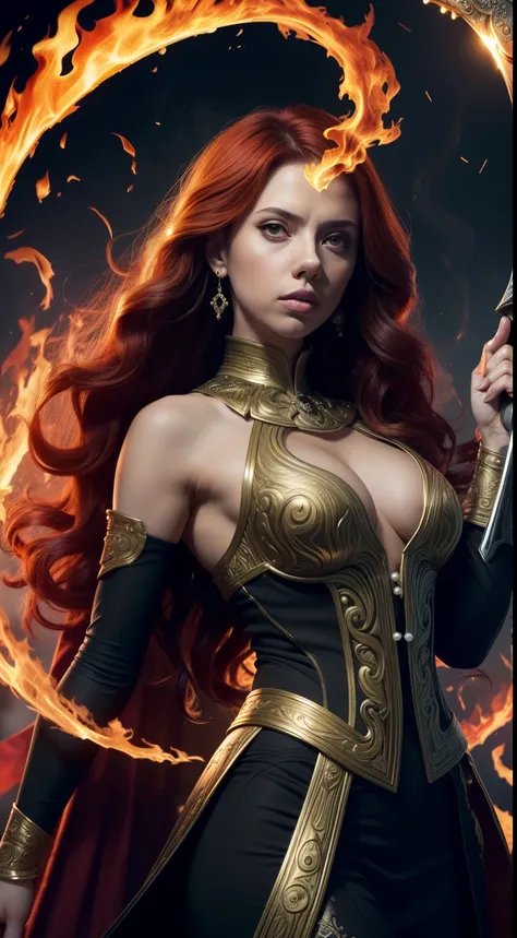 (Elongated head)scarlettJohansson (Scarlett Johansson) Portrait of a 32-year-old,Hades,(Wearing:black toga,Armed with a giant scythe,),Great giants,angry look,(Hairstyles: with curly red hair,(theelementoffire:1.4),Composed of fire elements,),Roman mytholo...