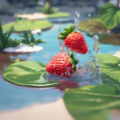 cinematic RAW photo，foto ultra real，Ultra foto Realsisim，Digital SLR，soft lighting，Product photo of 5 strawberries falling into the water、Drippy、Splash clear liquid、water bloom，dynamic compositions，(master part) (best quality) (circunstanciado) (Cinematic ...