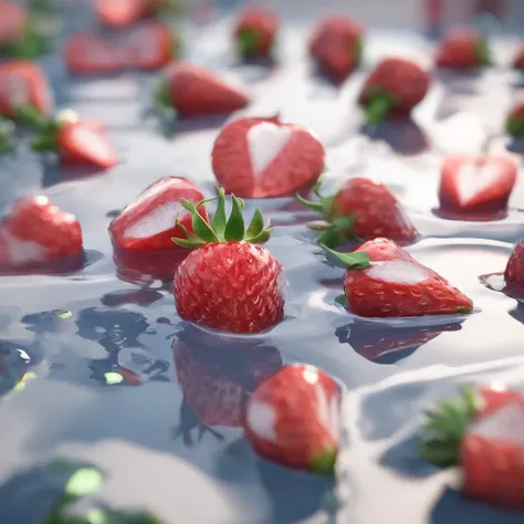 cinematic RAW photo，foto ultra real，Ultra foto Realsisim，Digital SLR，soft lighting，Product photo of 5 strawberries falling into the water、Drippy、Splash clear liquid、water bloom，dynamic compositions，(master part) (best quality) (circunstanciado) (Cinematic ...