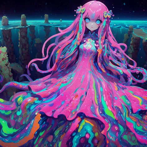 A huge girl floating on the bottom of the sea. Her dresses are predominantly pink, With a gloss of 7 colors. Her dress is a psychedelic color. Glossy like an oil film. His eyes sparkle mysteriously. Laugh invincibly. tentacles. darkness. Underwater ruins.