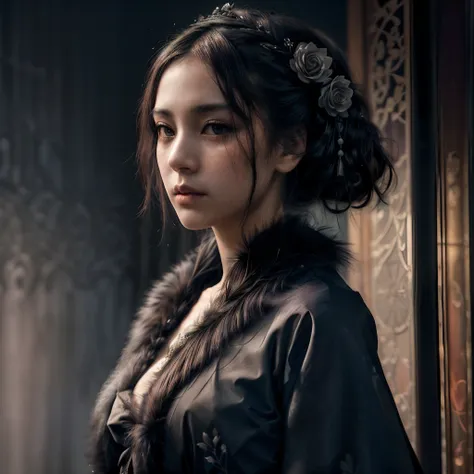 Official Art, Unity 8k wallpaper, super detailed, beautiful, beautiful girl, focused on detailed face, has a few freckles, wearing black clothing, masterpiece, best quality, dark, atmospheric, mystical, romantic, creepy, literature, art, fashion, show era,...