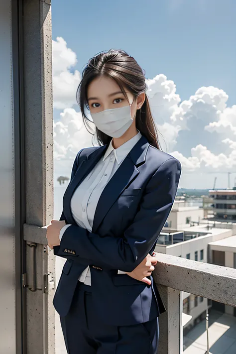 A half body，Navy blue suit，white  shirt，hair tying up，White mask，frontage，Arms hugged to your chest，standing on your feet，Slim body，Slim girl model，24 years old female model，Blue sky and white cloud background，White surgical mask，Surgical masks