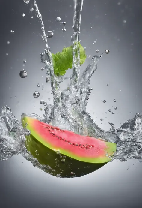 cinematic RAW photo，foto ultra real，Ultra foto Realsisim，Digital SLR，soft lighting，Product photo of melon falling into the water、Drippy、Splash clear liquid、water bloom，dynamic compositions，(master part) (best quality) (circunstanciado) (Cinematic lighting)...