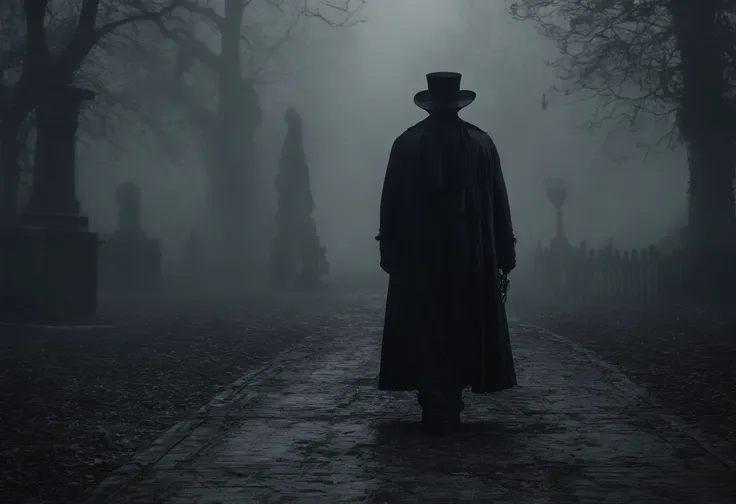 A scene in London during the mid 1850s, a very tall man with the face of a clown walks toward the viewer, closeup, dressed in fine period clothing, obscured by fog, mysterious, threatening, creepy, frightening, thick foggy environment, 8K, masterpiece, int...