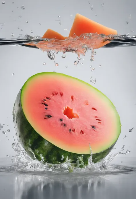 cinematic RAW photo，foto ultra real，Ultra foto Realsisim，Digital SLR，soft lighting，Product photo of melon falling into the water、Drippy、Splash clear liquid、water bloom，dynamic compositions，(master part) (best quality) (circunstanciado) (Cinematic lighting)...