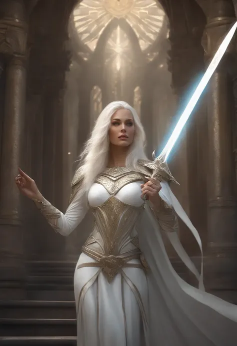 there is a warrior goddess woman all in white with pale white skin and long white hair that is standing majestically in a white castle with a sword, ((highly detailed)), artgerm julie bell beeple, magic the gathering sorceress, mystical atlantean valkyrie,...