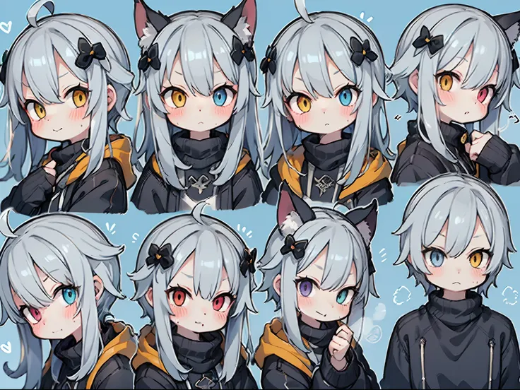 9 poses and expressions,9 Panel grid,9 Emotions and expressions,9 emojis,1boys,Blush,multiple views,hair adornments,cropped shoulders,Closed mouth,Sweater,view the viewer,Machine whole body,By bangs,V-shaped eyebrows,blue  hair,short detailed hair，Simple b...