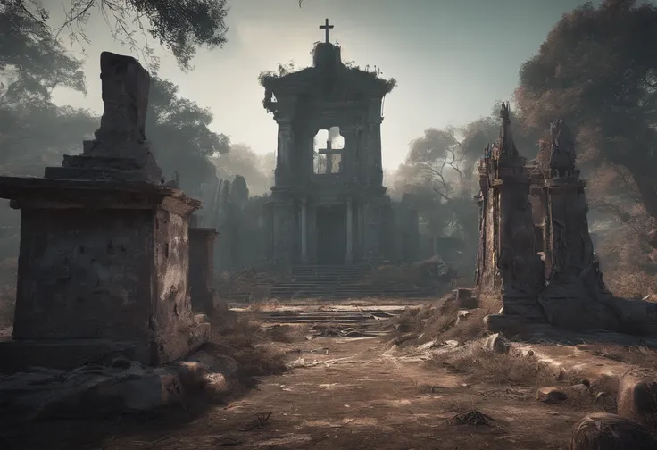 8k, Realistic, vray, HDR, 6000K, In a post-apocalyptic graveyard, Recintos cobertos vazios, placas desbotadas do centro de visitantes, monotrilho quebrado. S_Ambiente 4PO