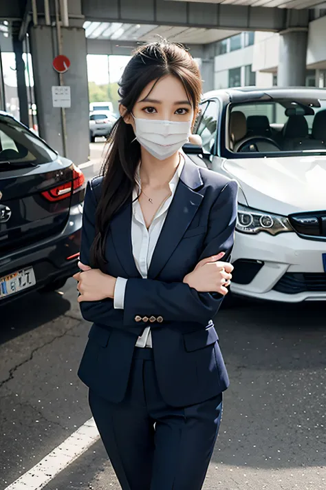 A half body，Navy blue suit，white  shirt，hair tying up，White mask，frontage，Arms hugged to your chest，standing on your feet，Slim body，Slim girl model，24 years old female model，Car showroom background，White surgical mask，Surgical masks