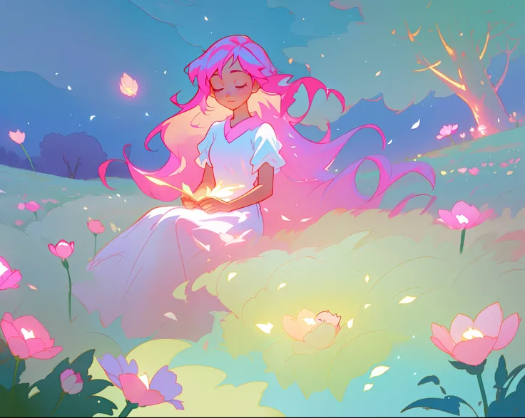 beautiful girl in white dress, fairy dress, beautiful girl sitting in a field with pink red flowers, glowing lights, whimsical landscape, long pink flowing hair, watercolor illustration, inspired by Glen Keane, inspired by Lois van Baarle, disney art style...