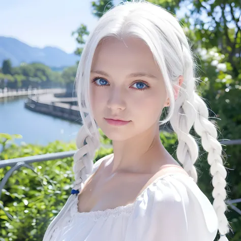 excellent, masutepiece, White hair, Blue eyes, White clothes, Upper body, hair, Fair skin, side braids, Best Quality