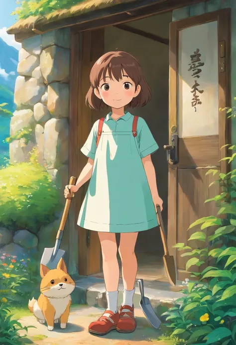 On the front a very cute little girl holding a shovel， The scene should exude an atmosphere of healing and comfort, Probably located in a bright and welcoming environment, It has a soothing background color，to enhance the feeling of soothing. Girls should ...