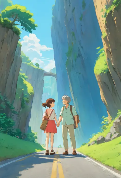 two people shaking hands on a road, road between two cliffs, cliff, front cover of a new video game, official poster, game promotional poster, official poster artwork