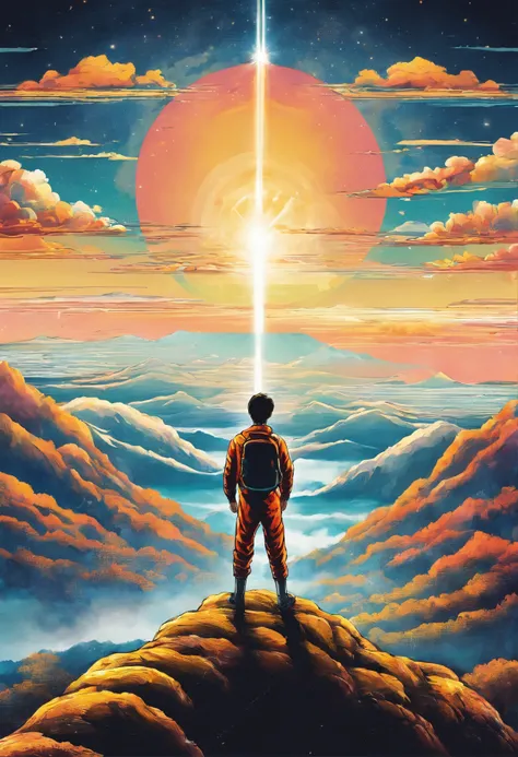 image of a person standing on top of the moutain, searching for the light of truth shining above, surrealist painting, painted in the style of illustration and simplicity,  man and sun in the center