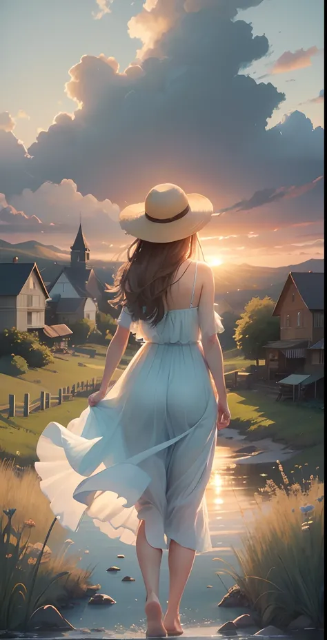 high quality, 8K Ultra HD, masterpiece, Watercolor, wash technique, colorful, A painting with dripping and scattered paint, blurry, pale touch, smudged outline, like a fairy tale, soft touch, summer sky, detailed clouds, back view of woman, country town, H...