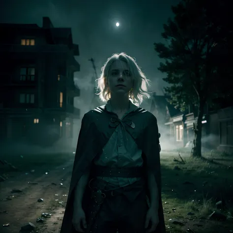 A boy with white hair and glowing green eyes, flying in a ghostly form with billowing cape, surrounded by wisps of green ectoplasm, in a dark and eerie ghost town, with dilapidated buildings and twisted trees, under a full moon. The scene is depicted in a ...