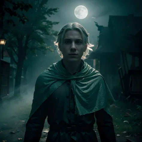 A boy with white hair and glowing green eyes, flying in a ghostly form with billowing cape, surrounded by wisps of green ectoplasm, in a dark and eerie ghost town, with dilapidated buildings and twisted trees, under a full moon. The scene is depicted in a ...