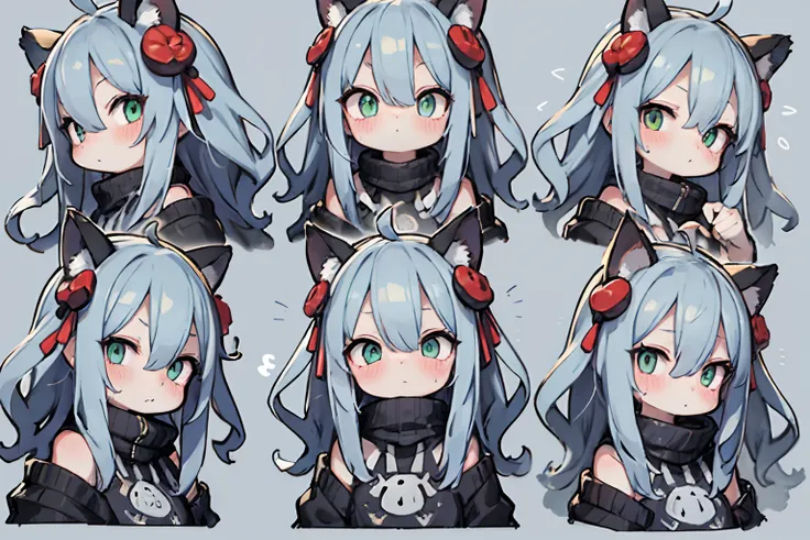 9 poses and expressions,9 Panel grid,9 Emotions and expressions,9 emojis,1boys,Blush,multiple views,hair adornments,cropped shoulders,Closed mouth,Sweater,view the viewer,The entire body of the machine,By bangs,V-shaped eyebrows,Green hair,short detailed h...