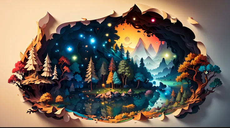 (((masterpiece))),best quality, illustration, forest trail, paper_cut, sunset tones, ultra detailed, cave like, multicolored trees, ends deep like a cave, ultra detailed, river coming out, river,