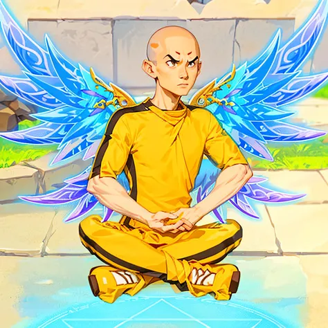 Cartoon of a man with wings sitting on the floor, avatar aang, aang, monk, upper body 2d game avatar, in the style of sifu 🔥 😎 🕹️ 👀 :2, monk meditation, 2 1 st century monk, skinny male fantasy alchemist, upper body avatar, Enlightened, Powerful aura, midd...