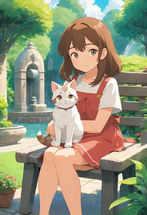 A girl and a cute cat with round eyes sit on a chair, Garden fountain, , House in the distance.