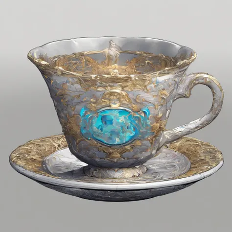 A teacup, Made of Supermans colors and structure,Digital art, Intricate details, Highly detailed, Close-up, ultra - detailed, trending on artstationh, Sharp focus,rendering by octane, illusory engine, Highly detailed, Intricate,Full view in the frame,Small...